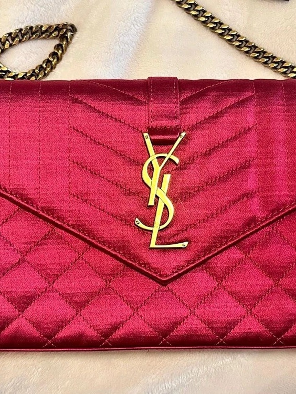 Saint Laurent Satin Medium Chain Bag Quilted Clutch in Hot Pink
